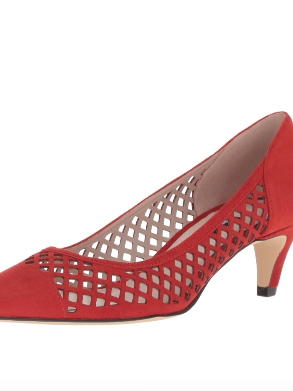 Nine West Quanessa Red Suede Laser-Cut Caged Pointed Toe Kitten Heel Low Pumps